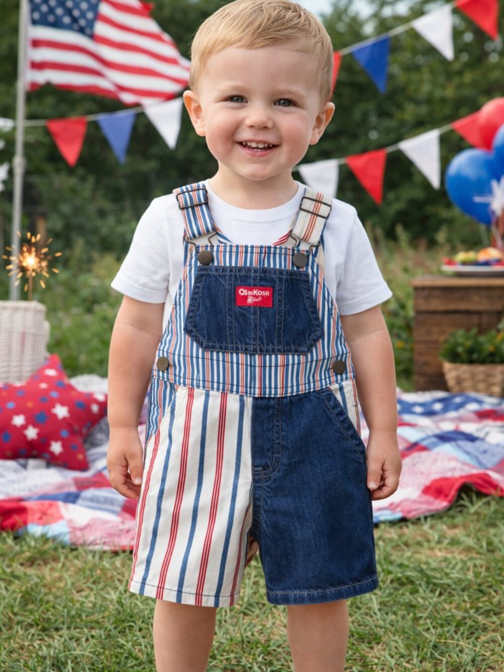 NWT OshKosh B’gosh Toddler Shortall Overalls Striped Denim Patchwork Boys Summer